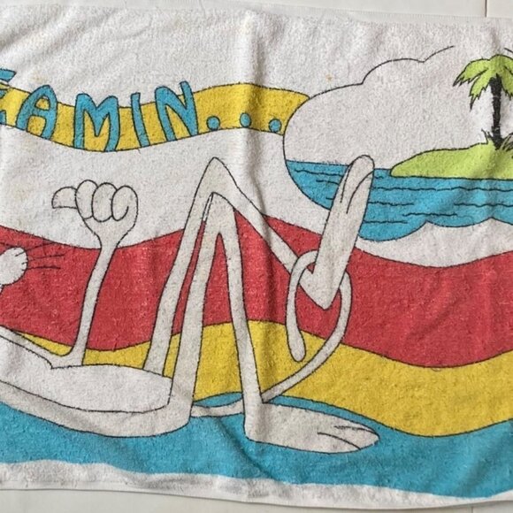 Vintage 80s Pink Panther Beach Towel Dreamin Palm Tree Island Wall Hanging Decor - Picture 1 of 8